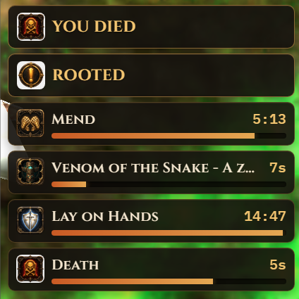 EQL Alerts overlay with YOU DIED, ROOTED, and ability countdown timers